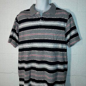 Bugle Boy Men's Vintage Retro 90s Y2K Striped Polo Shirt Size Medium Black Gray